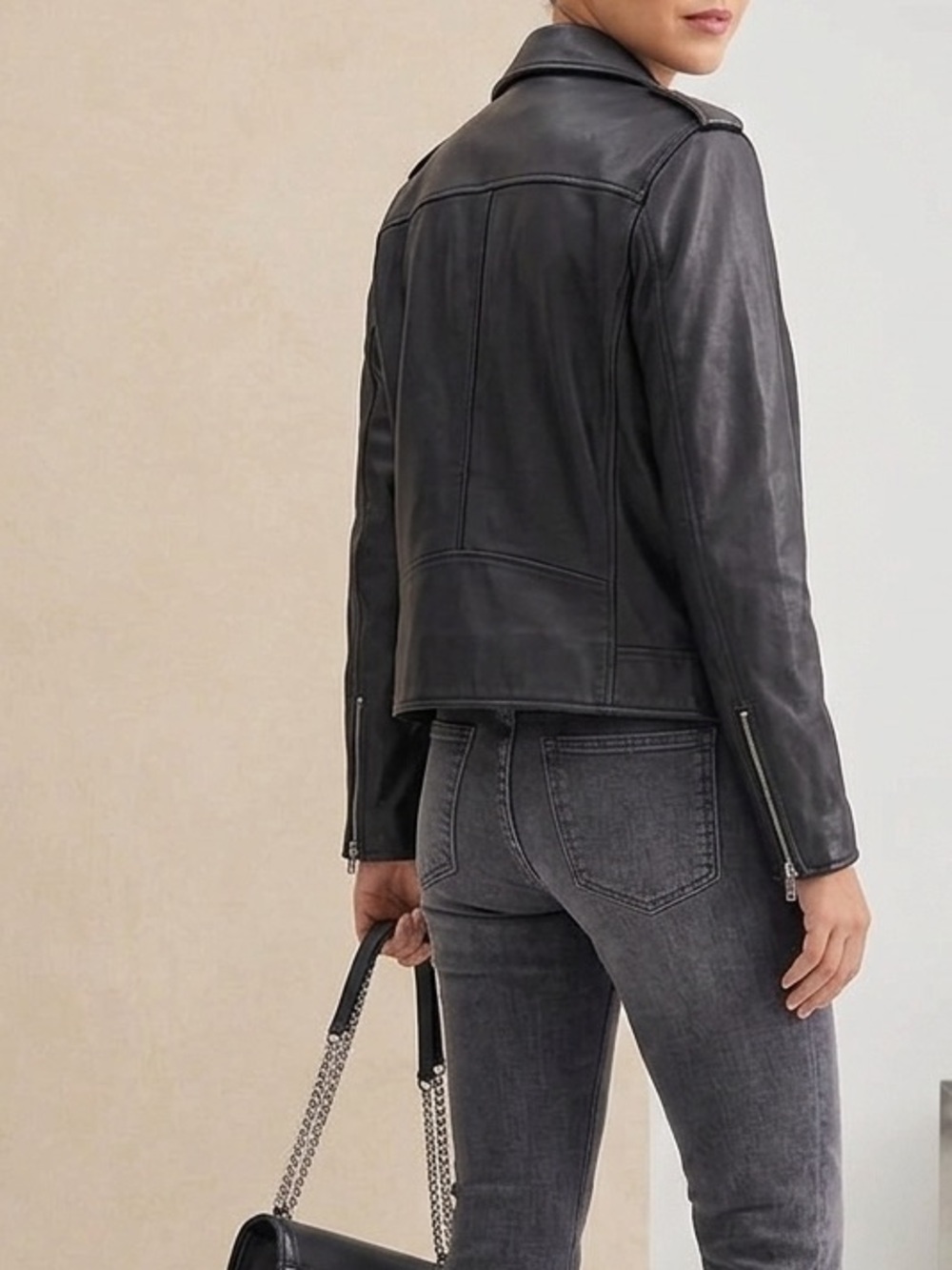 7 For All Mankind Zipper Leather Moto Jacket In Jet Black Medium - Picture 2 of 6
